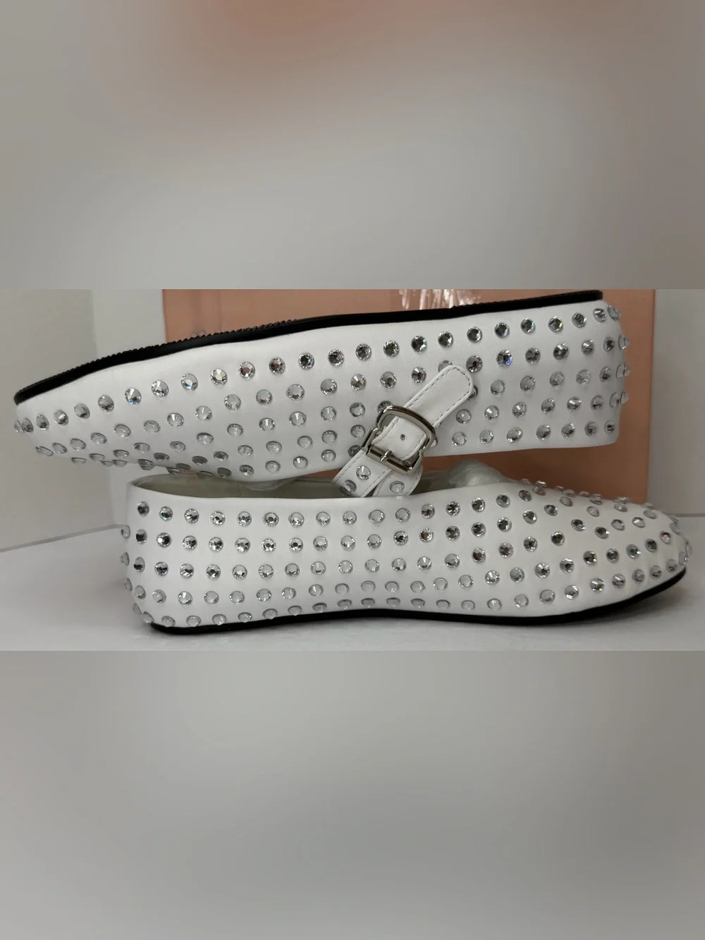 ARQA White Studded Rhinestone Mary Jane Flats Dress Shoes 8.5 NIB